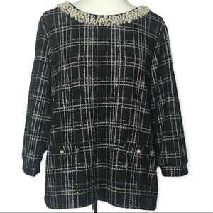 Karl Lagerfeld Black White Plaid Tweed Faux Pearl Embellished Top